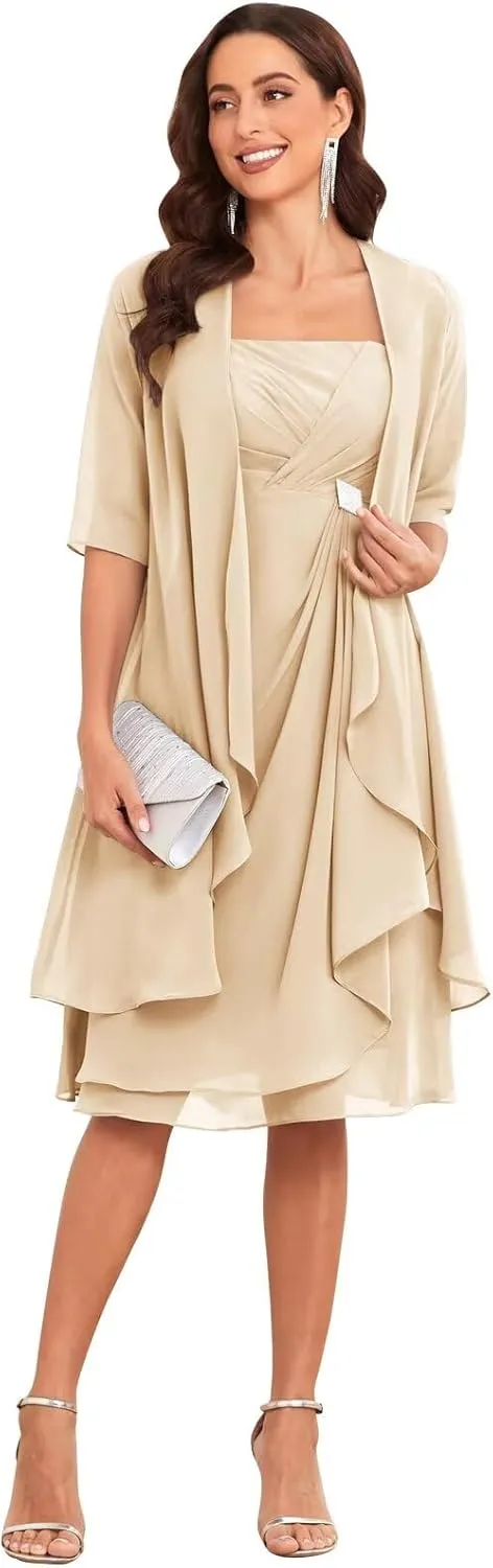 2 Piece Mother of The Bride Dresses for Wedding with Jacket Half Sleeve Ruffle Chiffon Formal Evening Dress