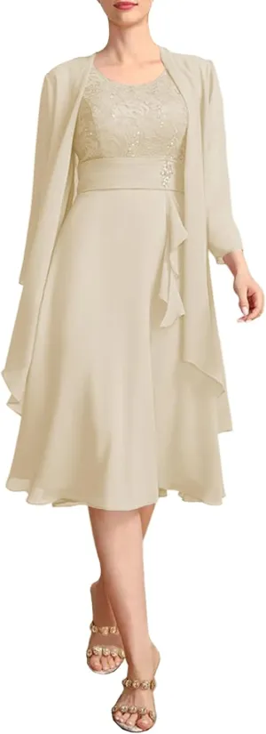 2 Piece Mother of The Bride Dresses with Jacket for Wedding Long Sleeve Chiffon Formal Evening Gowns