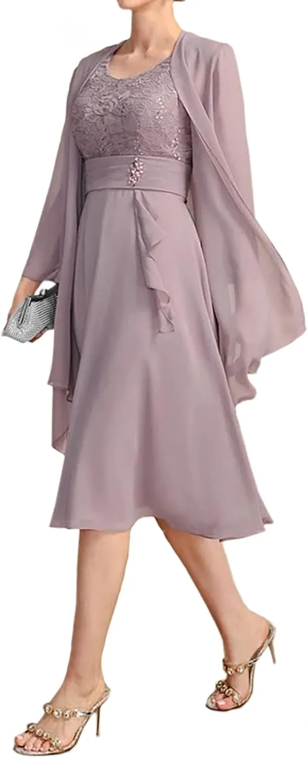 2 Piece Mother of The Bride Dresses with Jacket for Wedding Long Sleeve Chiffon Formal Evening Gowns