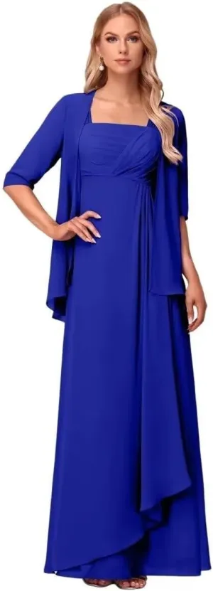 2 Pieces Chiffon Mother of The Bride Dresses 3/4 Sleeve for Wedding Formal Evening Party Dress with Jacket DN74