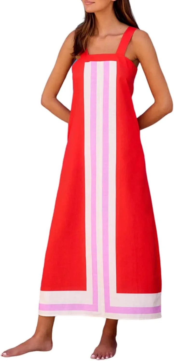 2025 Women Bohemian Floral Dress Summer Casual Color Block Maxi Sleeveless Beach Overall Dress Coverups