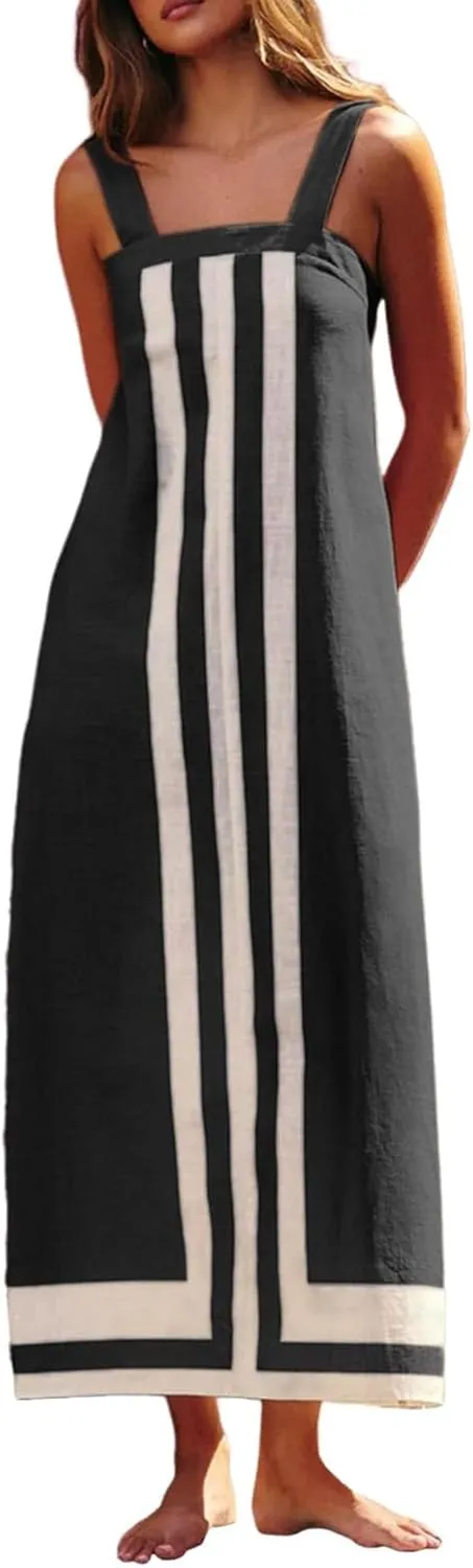2025 Women Bohemian Floral Dress Summer Casual Color Block Maxi Sleeveless Beach Overall Dress Coverups