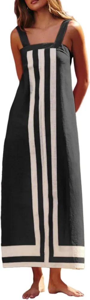 2025 Women Bohemian Floral Dress Summer Casual Color Block Maxi Sleeveless Beach Overall Dress Coverups