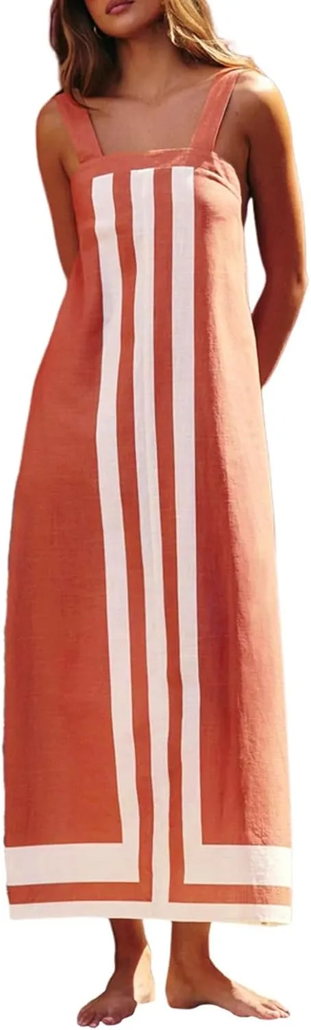 2025 Women Bohemian Floral Dress Summer Casual Color Block Maxi Sleeveless Beach Overall Dress Coverups