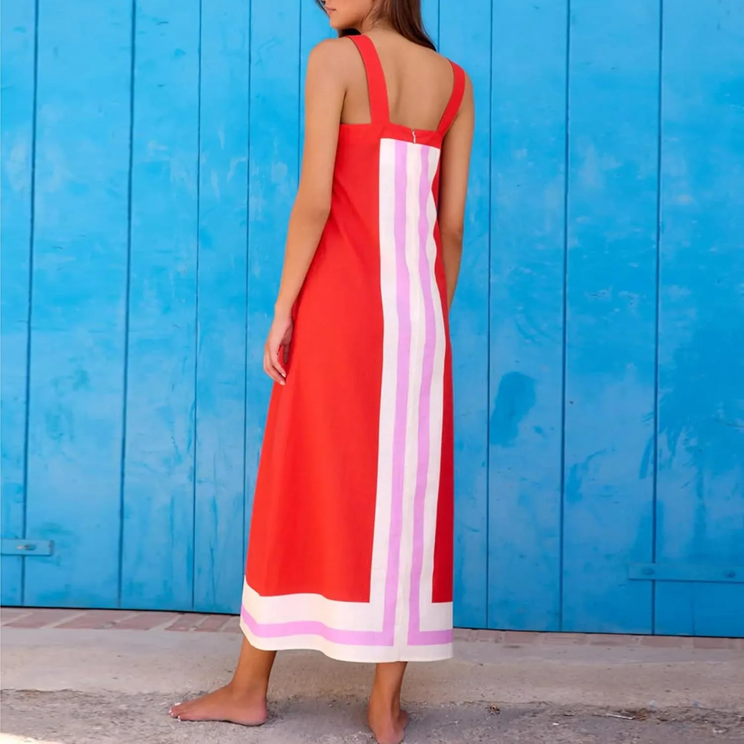 2025 Women Bohemian Floral Dress Summer Casual Color Block Maxi Sleeveless Beach Overall Dress Coverups