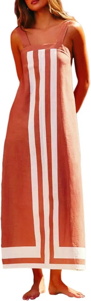2025 Women Bohemian Floral Dress Summer Casual Color Block Maxi Sleeveless Beach Overall Dress Coverups