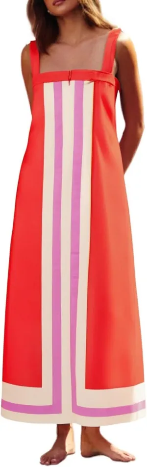 2025 Women Bohemian Floral Dress Summer Casual Color Block Maxi Sleeveless Beach Overall Dress Coverups