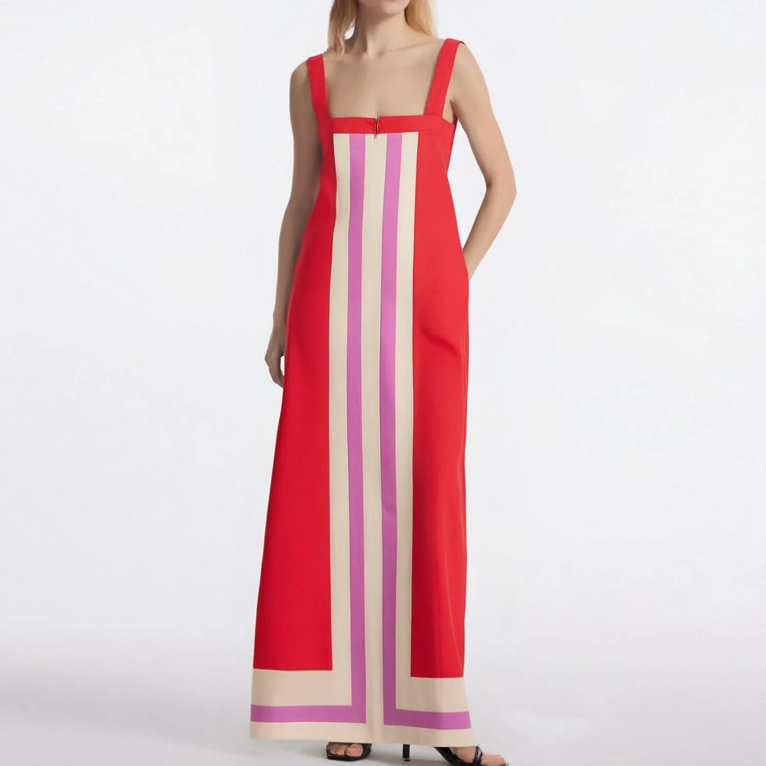 2025 Women Bohemian Floral Dress Summer Casual Color Block Maxi Sleeveless Beach Overall Dress Coverups