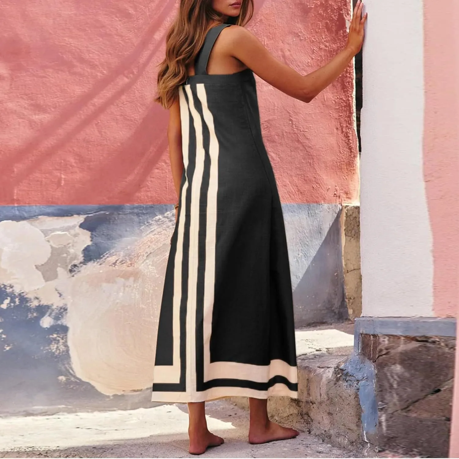 2025 Women Bohemian Floral Dress Summer Casual Color Block Maxi Sleeveless Beach Overall Dress Coverups