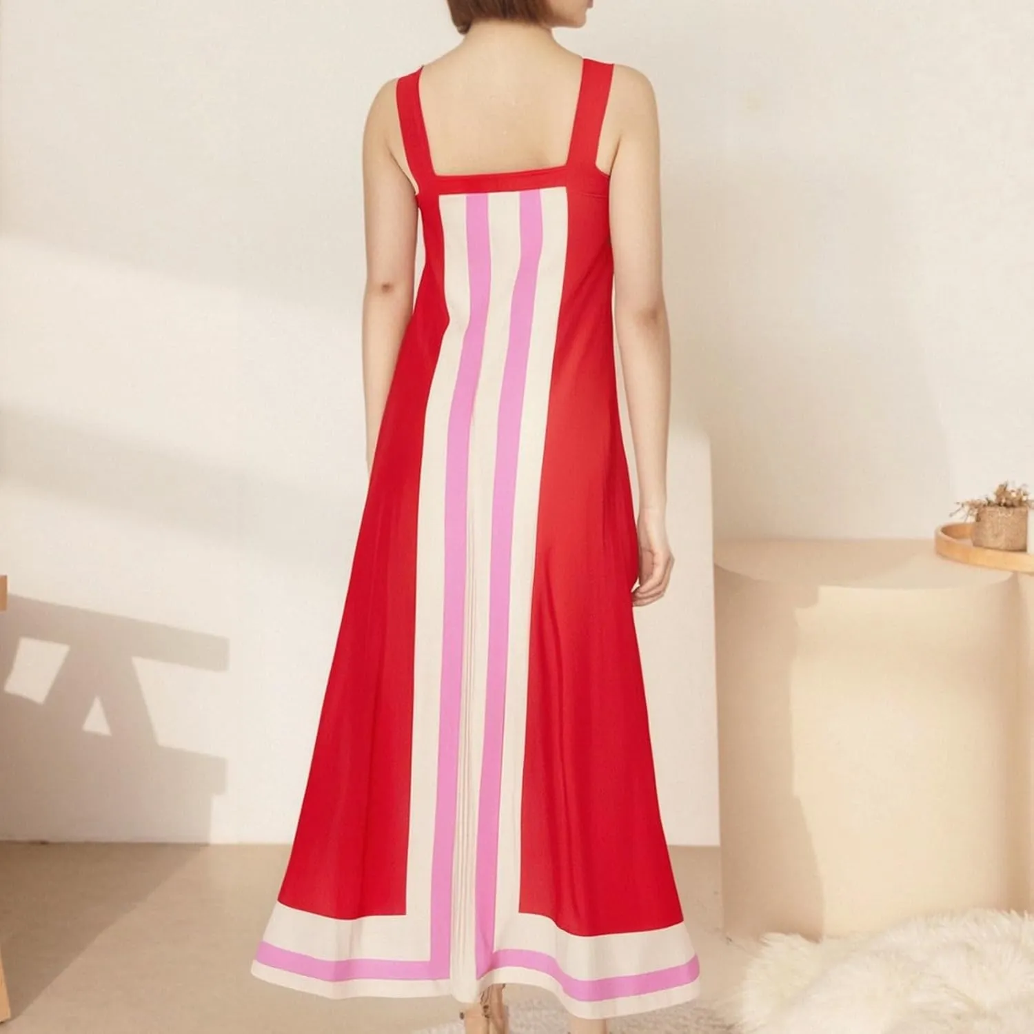 2025 Women Bohemian Floral Dress Summer Casual Color Block Maxi Sleeveless Beach Overall Dress Coverups