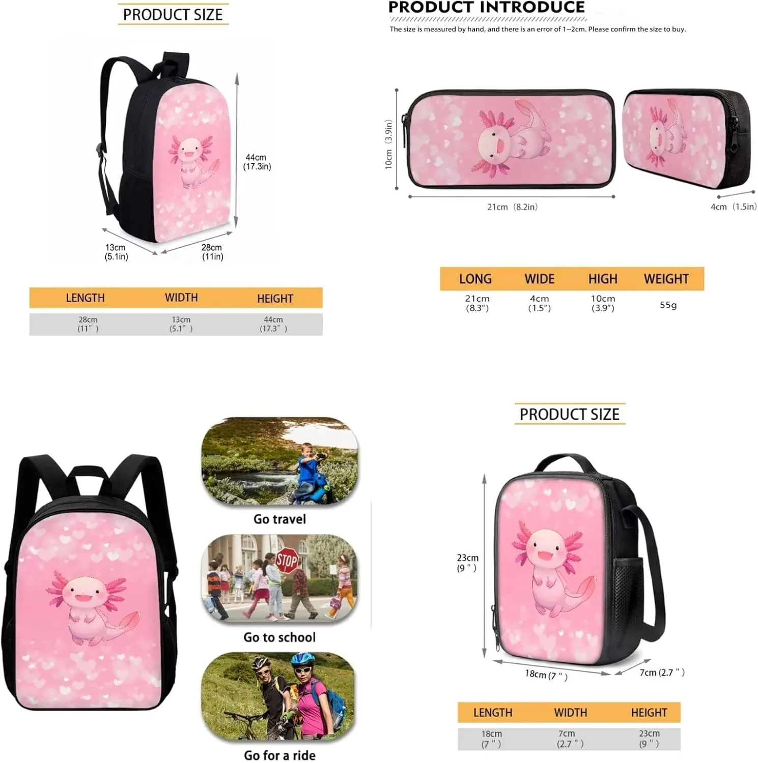 AFPANQZ Axolotl Heart Pattern Backpack Bulk Multi-Pockets Functional Rucksack Shoulder Messenger Bag Lunch Bags Adjustable Straps Lightweight Pencil Bags 3 Pieces Set for Kids Student