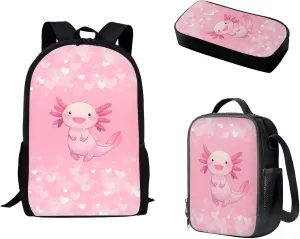 AFPANQZ Axolotl Heart Pattern Backpack Bulk Multi-Pockets Functional Rucksack Shoulder Messenger Bag Lunch Bags Adjustable Straps Lightweight Pencil Bags 3 Pieces Set for Kids Student