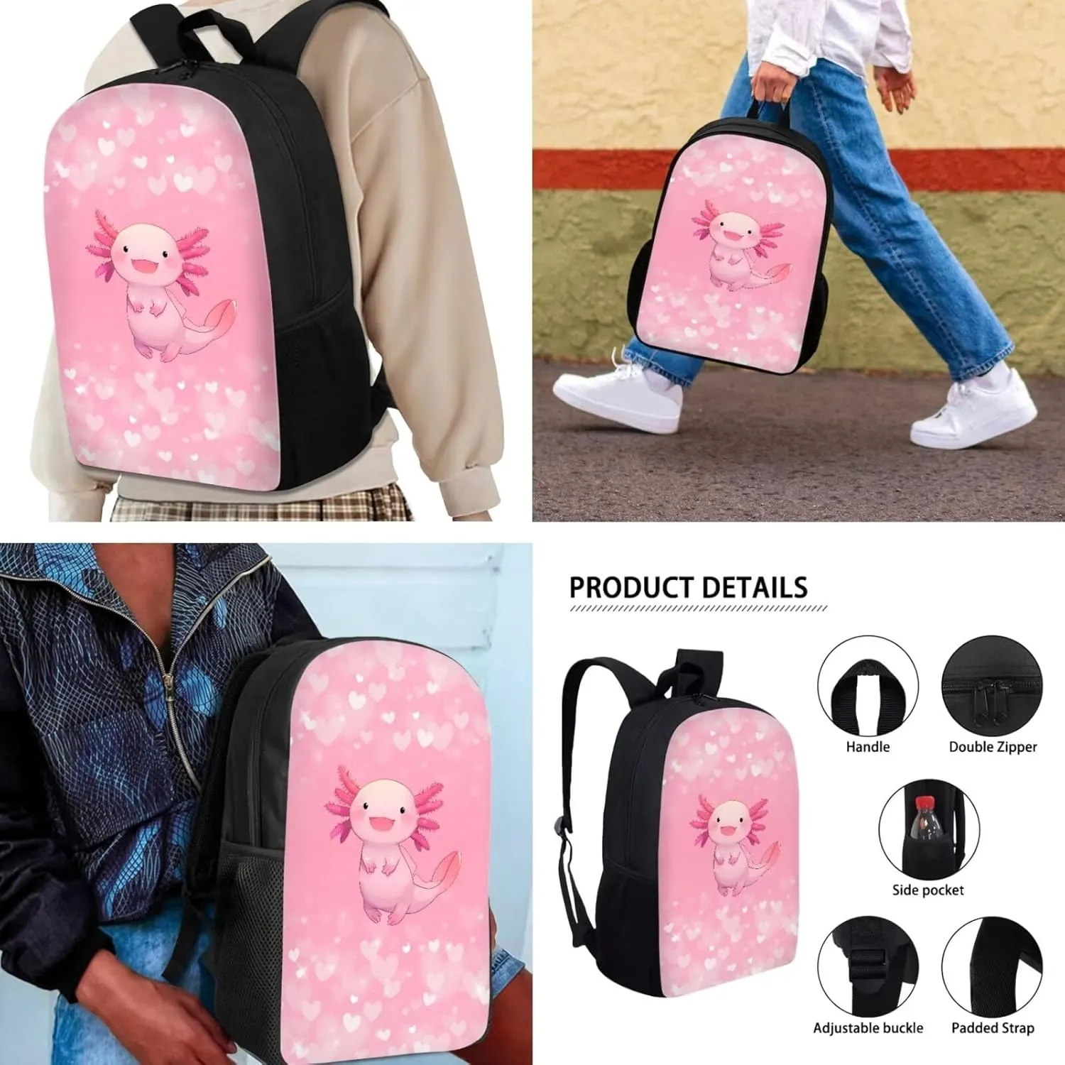 AFPANQZ Axolotl Heart Pattern Backpack Bulk Multi-Pockets Functional Rucksack Shoulder Messenger Bag Lunch Bags Adjustable Straps Lightweight Pencil Bags 3 Pieces Set for Kids Student