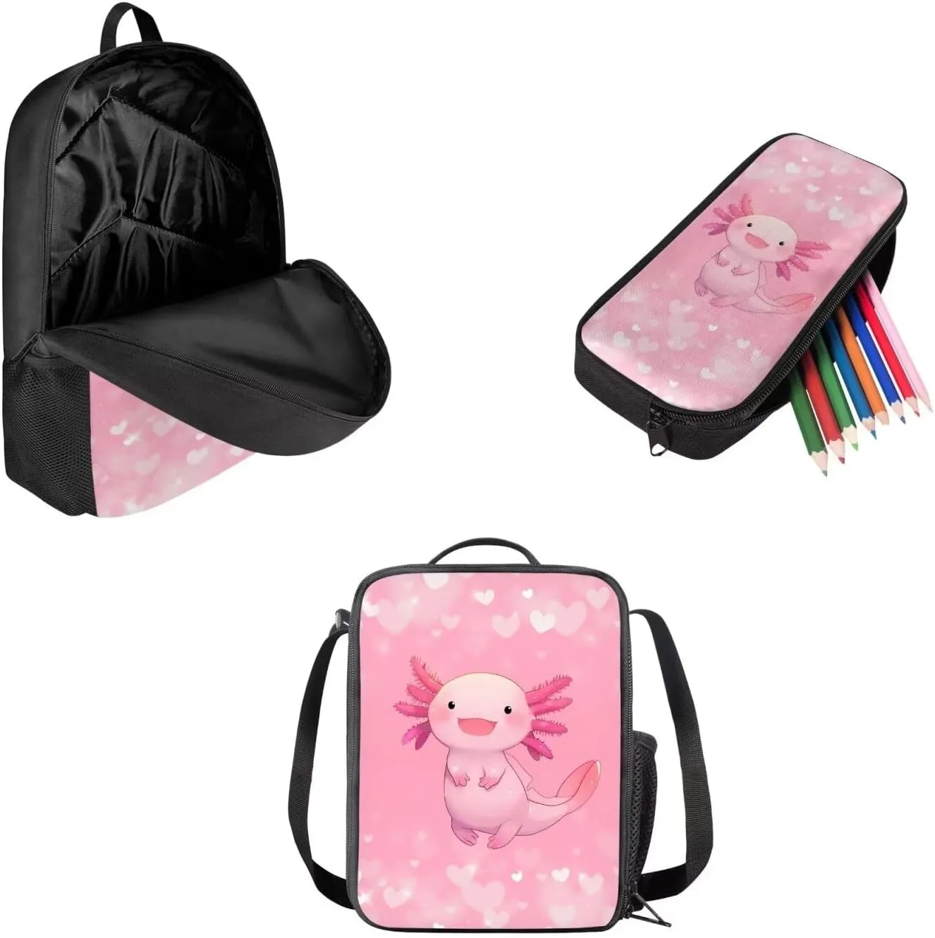 AFPANQZ Axolotl Heart Pattern Backpack Bulk Multi-Pockets Functional Rucksack Shoulder Messenger Bag Lunch Bags Adjustable Straps Lightweight Pencil Bags 3 Pieces Set for Kids Student