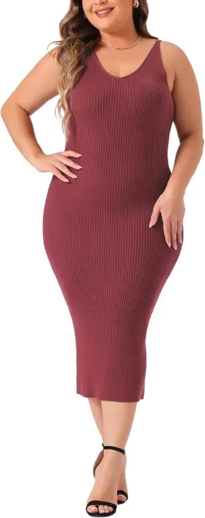 Agnes Orinda Plus Size Sweater Dress for Women Sleeveless V Neck Ribbed Knit Bodycon Midi Sweater Cami Dresses