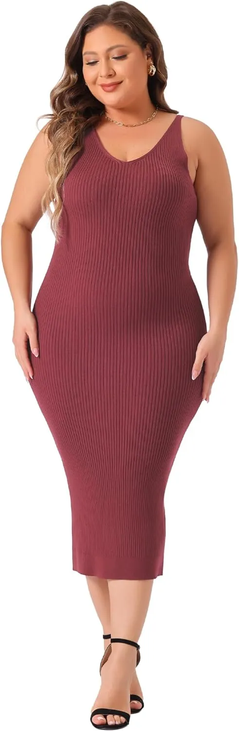 Agnes Orinda Plus Size Sweater Dress for Women Sleeveless V Neck Ribbed Knit Bodycon Midi Sweater Cami Dresses