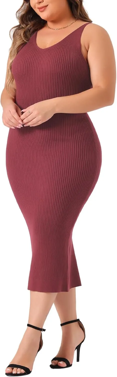 Agnes Orinda Plus Size Sweater Dress for Women Sleeveless V Neck Ribbed Knit Bodycon Midi Sweater Cami Dresses