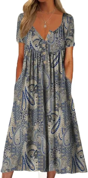 Akivide Women's Summer Boho Floral Print Maxi Dresses Short Sleeve V Neck Casual Loose Dress with Pockets