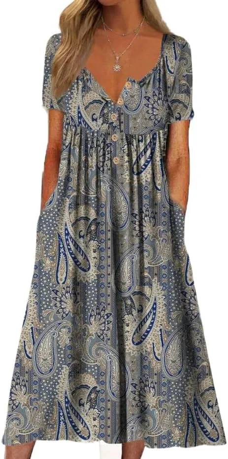 Akivide Women's Summer Boho Floral Print Maxi Dresses Short Sleeve V Neck Casual Loose Dress with Pockets