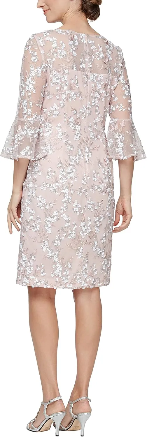 Alex Evenings Women's Short Shift Cocktail Gown with Bell Sleeves, Formal Events, Wedding Guest Dress