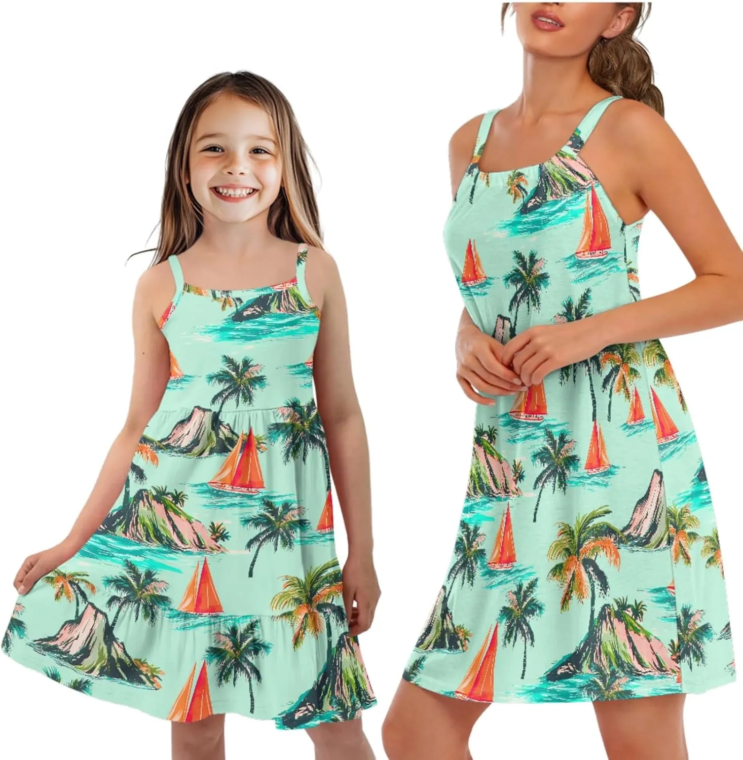 AmzPrint Hawaiian Dresses for Mom and Daughters Summer Cute Kawaii Sundress