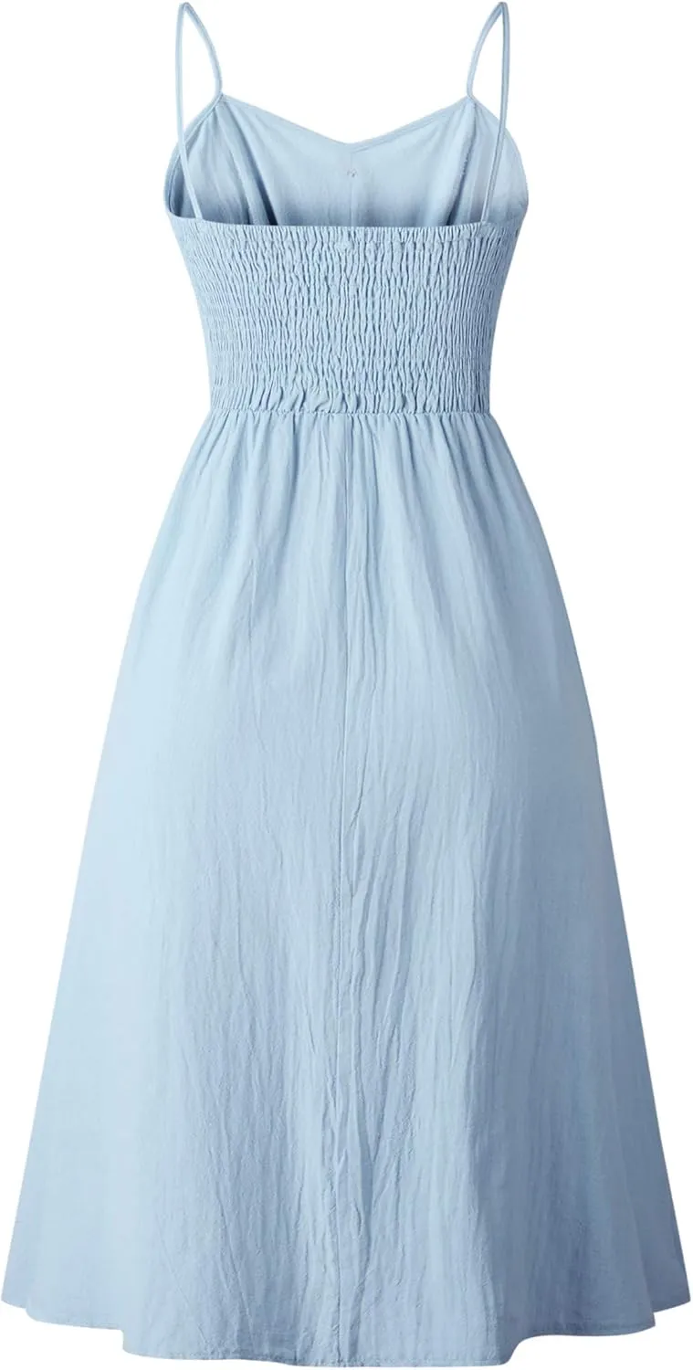 Angashion Women's Dresses-Summer Floral Bohemian Spaghetti Strap Button Down Swing Midi Dress