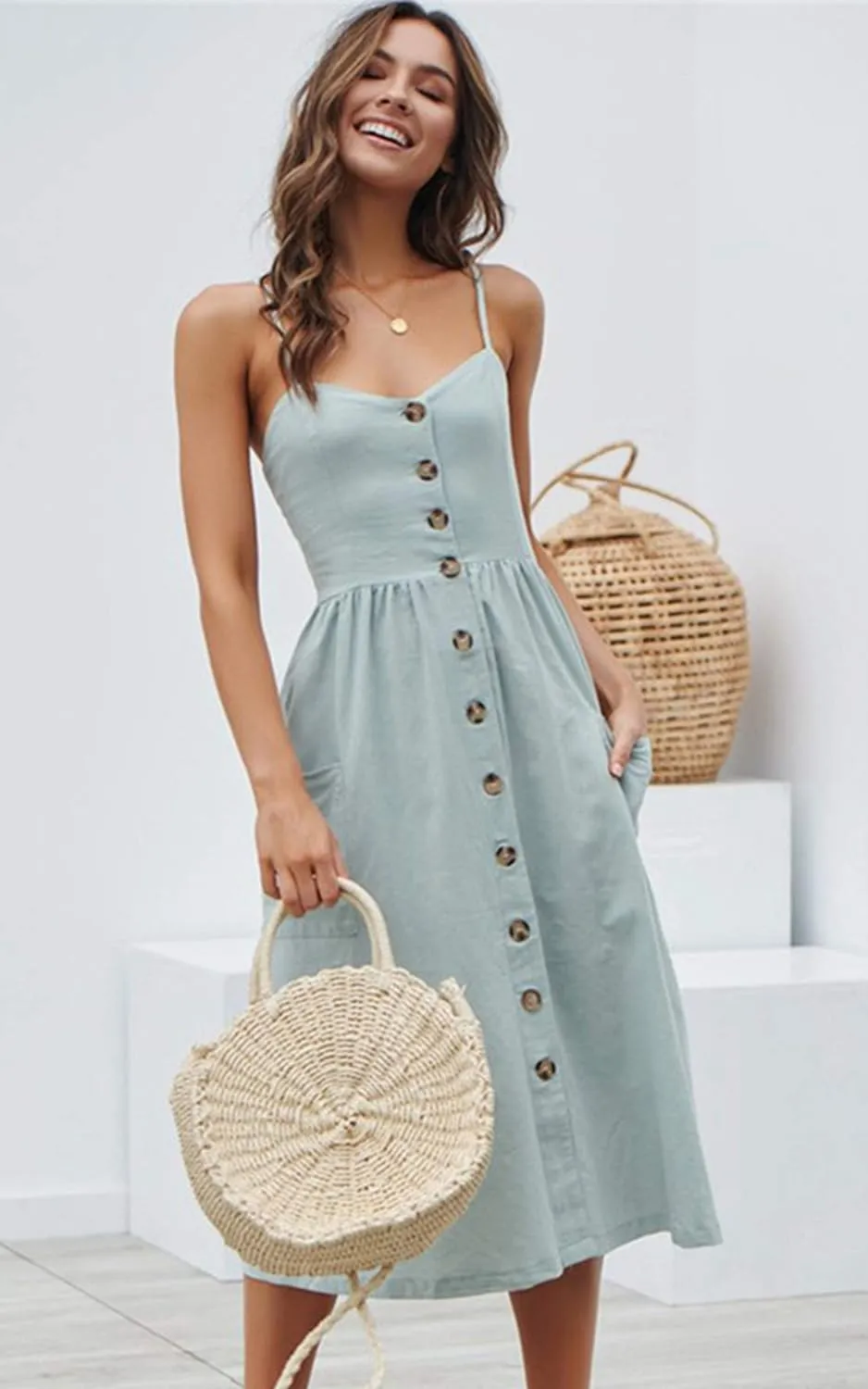 Angashion Women's Dresses-Summer Floral Bohemian Spaghetti Strap Button Down Swing Midi Dress