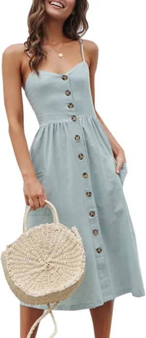 Angashion Women's Dresses-Summer Floral Bohemian Spaghetti Strap Button Down Swing Midi Dress