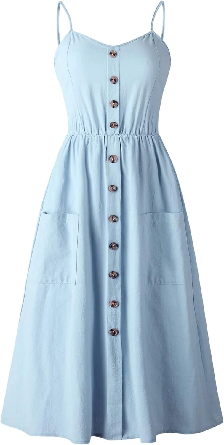 Angashion Women's Dresses-Summer Floral Bohemian Spaghetti Strap Button Down Swing Midi Dress