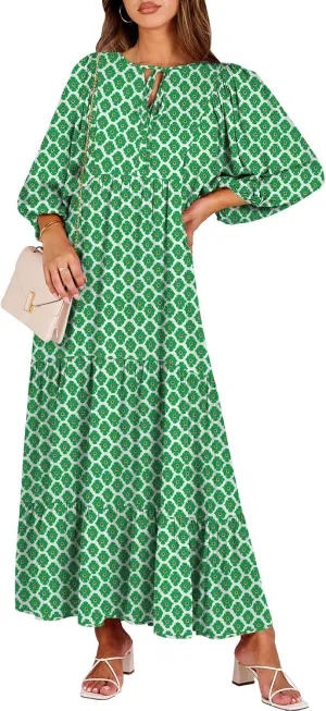 ANRABESS Womens Boho Maxi Dresses 2025 Summer V Neck Puff Sleeve Floral Flowy Swing Casual Long Dress
