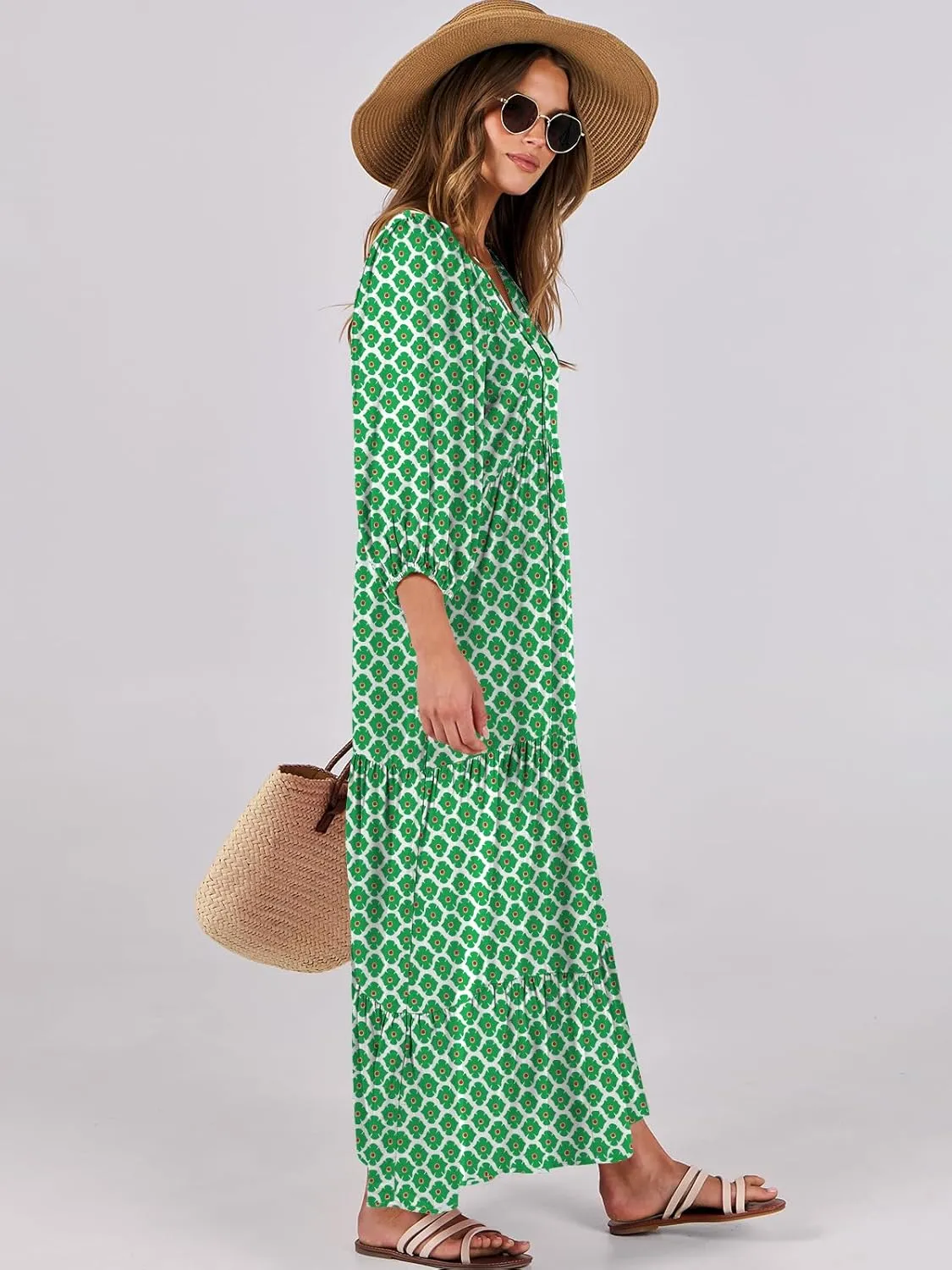 ANRABESS Womens Boho Maxi Dresses 2025 Summer V Neck Puff Sleeve Floral Flowy Swing Casual Long Dress