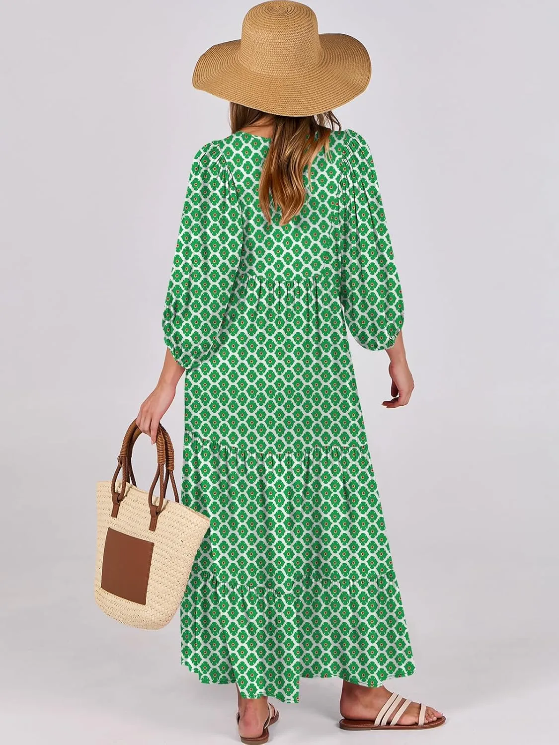 ANRABESS Womens Boho Maxi Dresses 2025 Summer V Neck Puff Sleeve Floral Flowy Swing Casual Long Dress