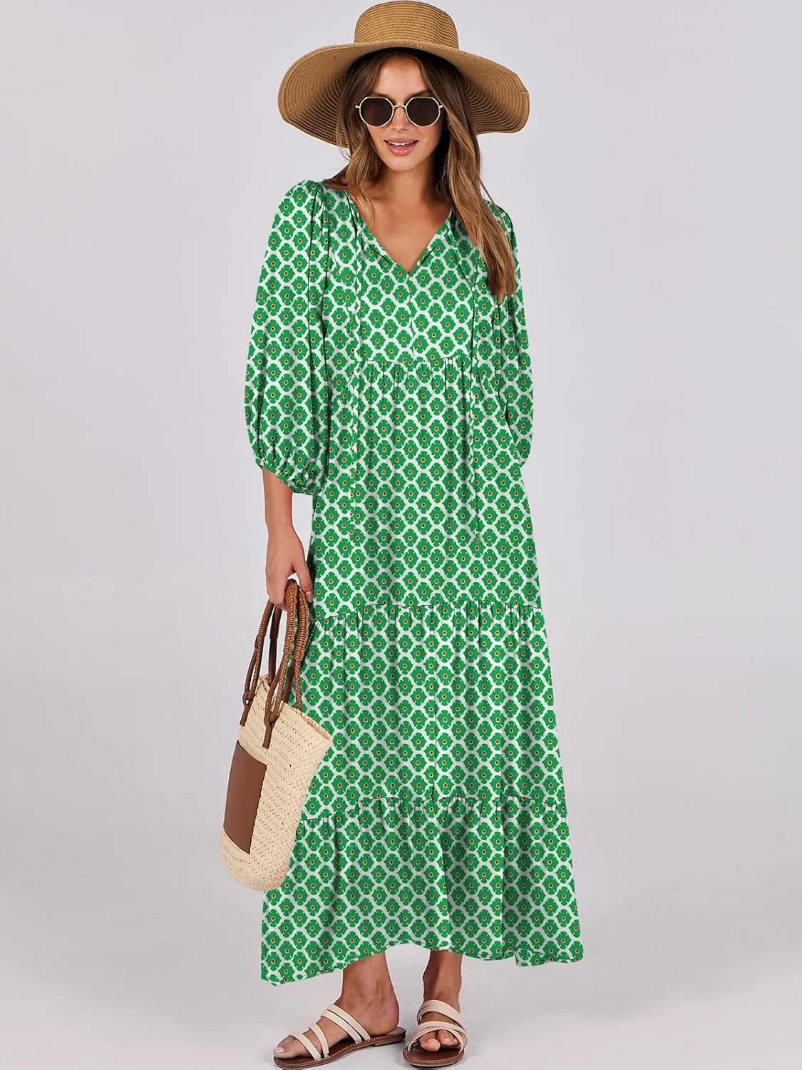 ANRABESS Womens Boho Maxi Dresses 2025 Summer V Neck Puff Sleeve Floral Flowy Swing Casual Long Dress