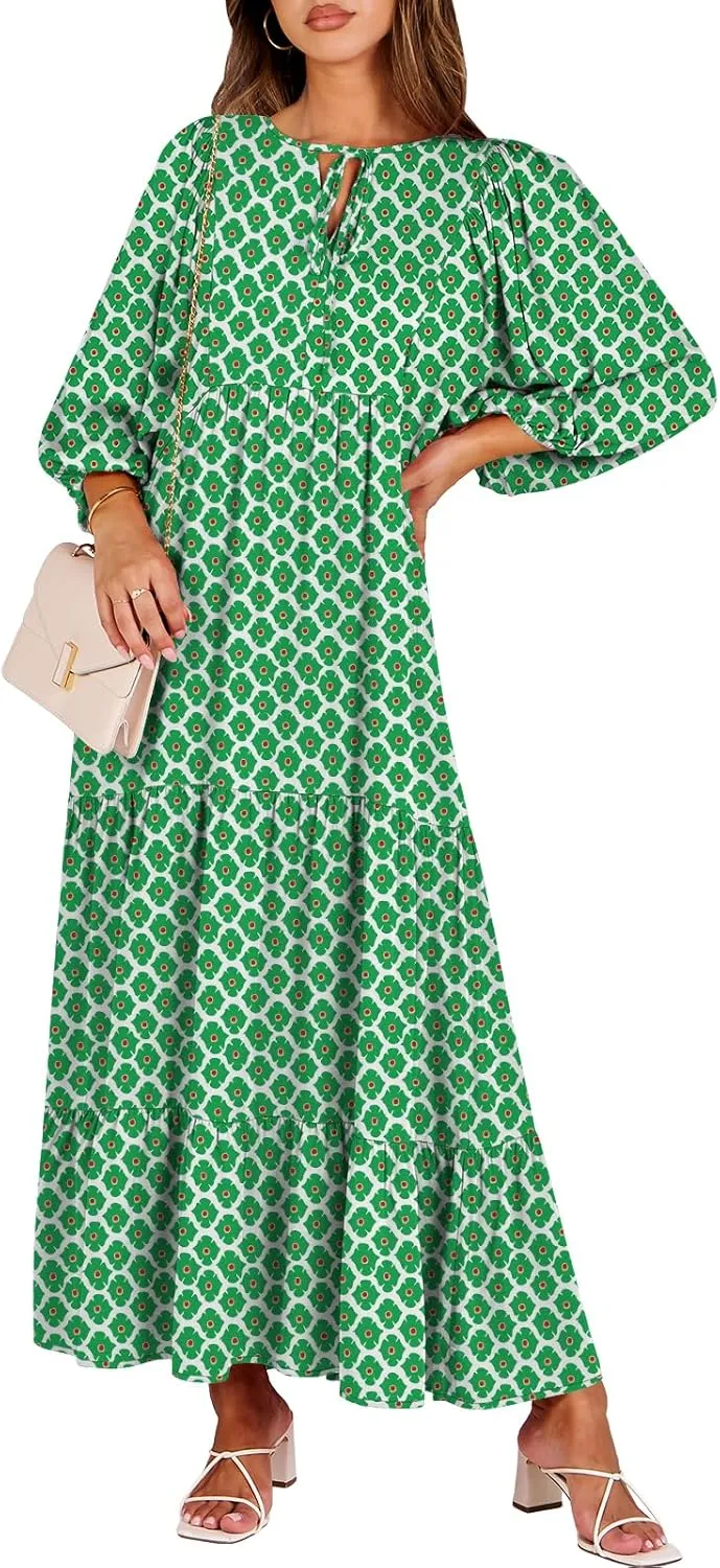 ANRABESS Womens Boho Maxi Dresses 2025 Summer V Neck Puff Sleeve Floral Flowy Swing Casual Long Dress