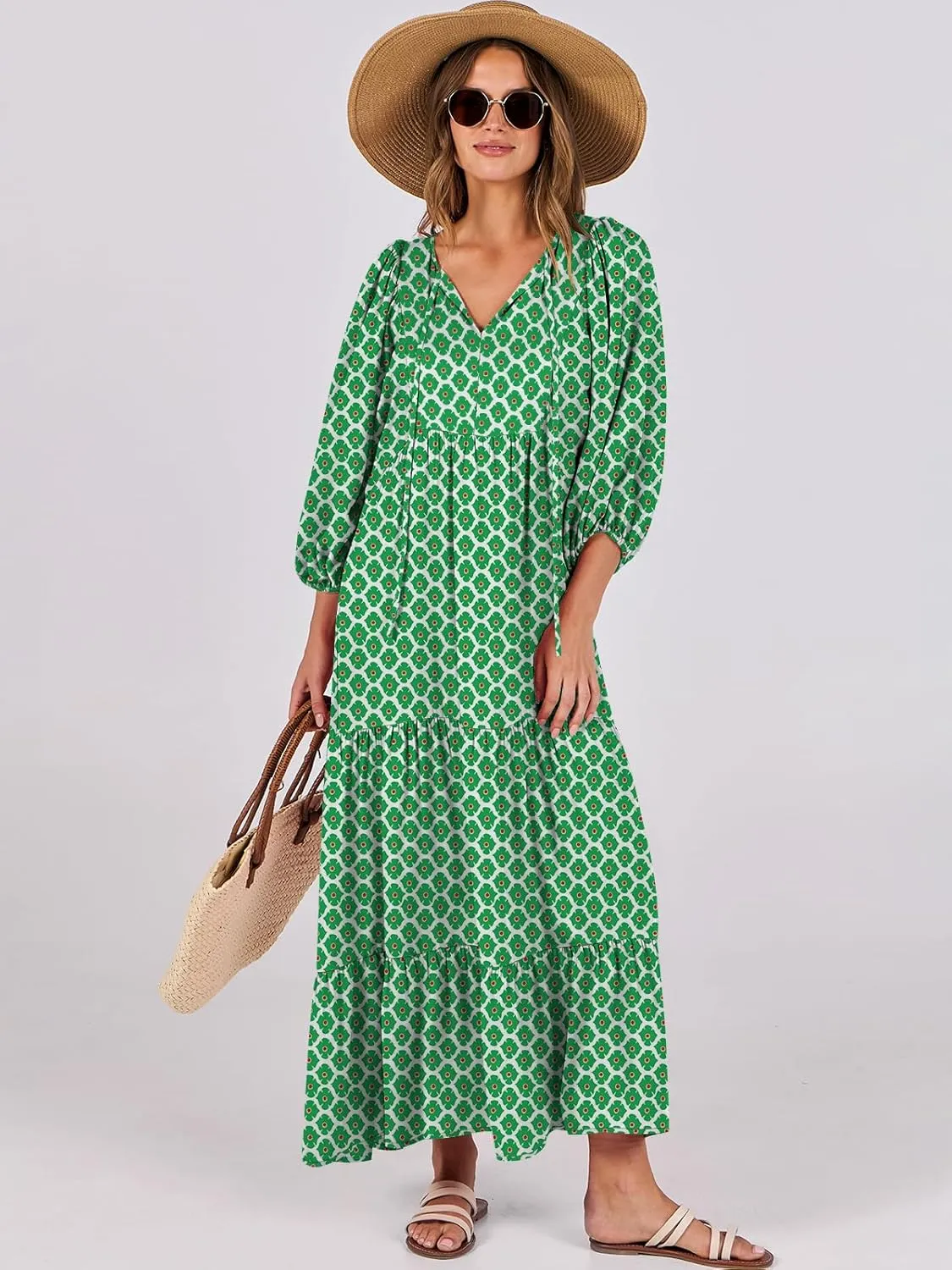 ANRABESS Womens Boho Maxi Dresses 2025 Summer V Neck Puff Sleeve Floral Flowy Swing Casual Long Dress