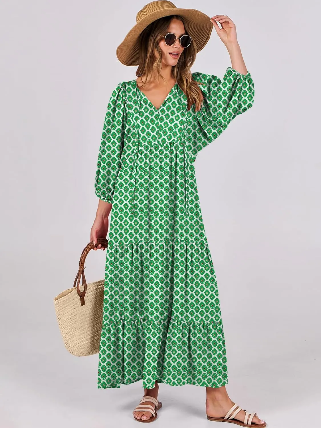 ANRABESS Womens Boho Maxi Dresses 2025 Summer V Neck Puff Sleeve Floral Flowy Swing Casual Long Dress
