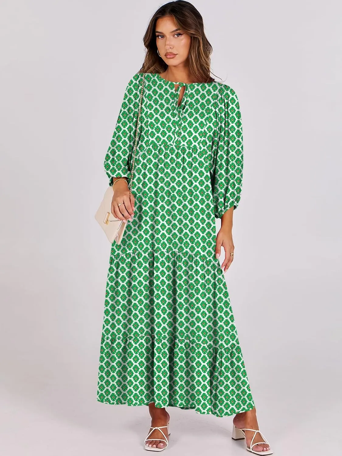ANRABESS Womens Boho Maxi Dresses 2025 Summer V Neck Puff Sleeve Floral Flowy Swing Casual Long Dress