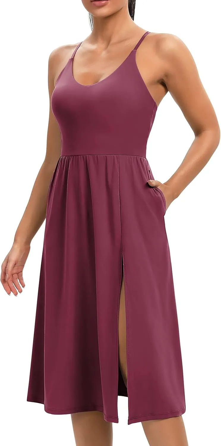 Athletic Dress with Built in Shorts & Bra Adjustable Straps Workout Dress for Tennis Golf Midi Dresses for Women