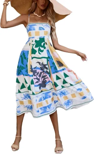 Beach Dresses for Women 2025 Vacation Spaghetti Strap Graffiti Maxi Dress Graphic A Line Swing Long Cami Dress