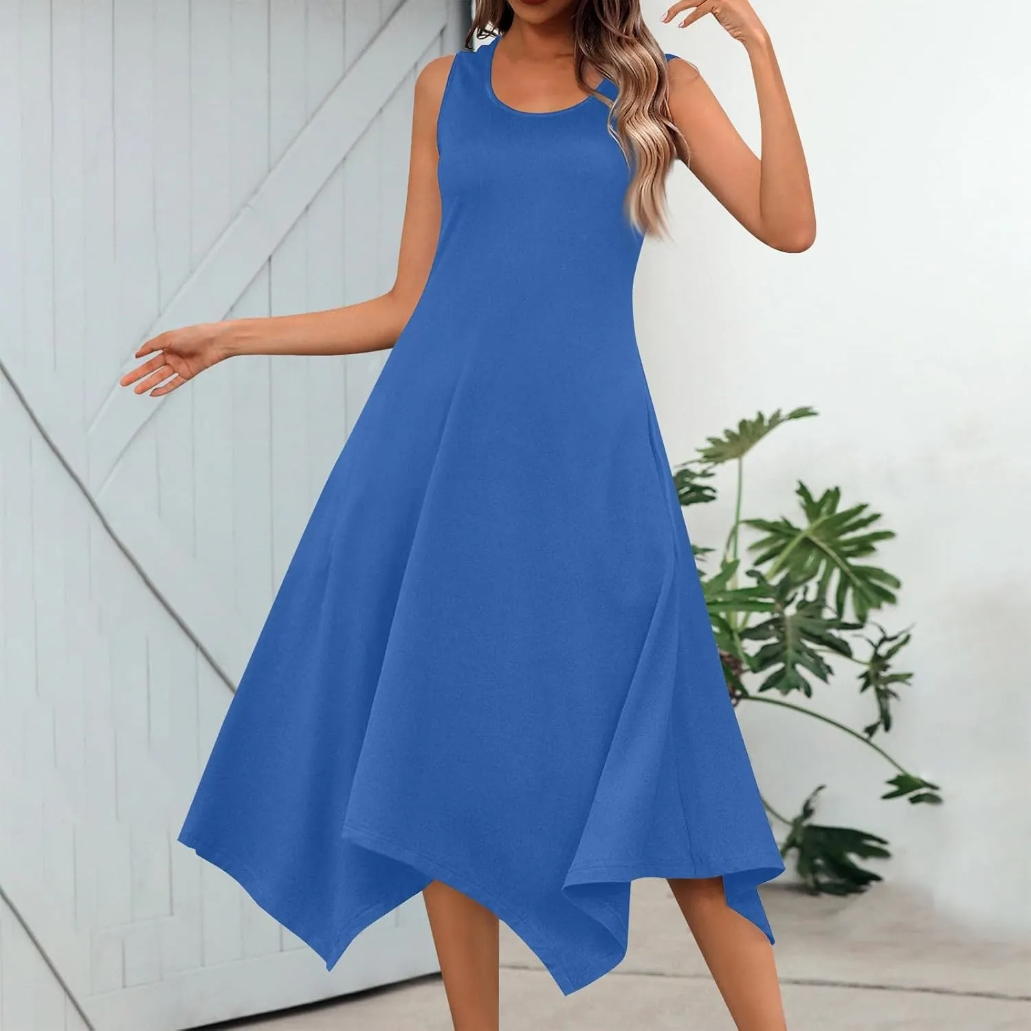 Beach Dresses for Women Spring Summer 2025 Sleeveless Vacation Sundresses Sexy Crewneck Irregular Hem Maxi Dress