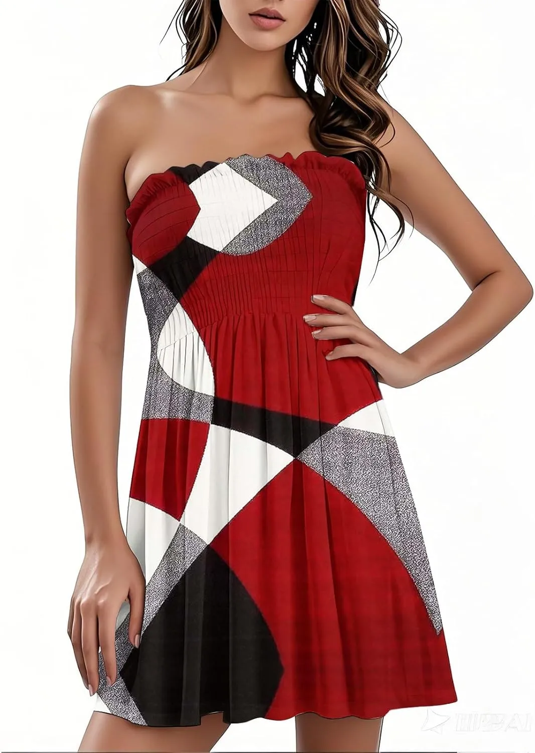 Beach Vacation Mini Dress for Women Sexy Strapless Tube Sundress Bohemian Floral Print Color Block A Line Dresses