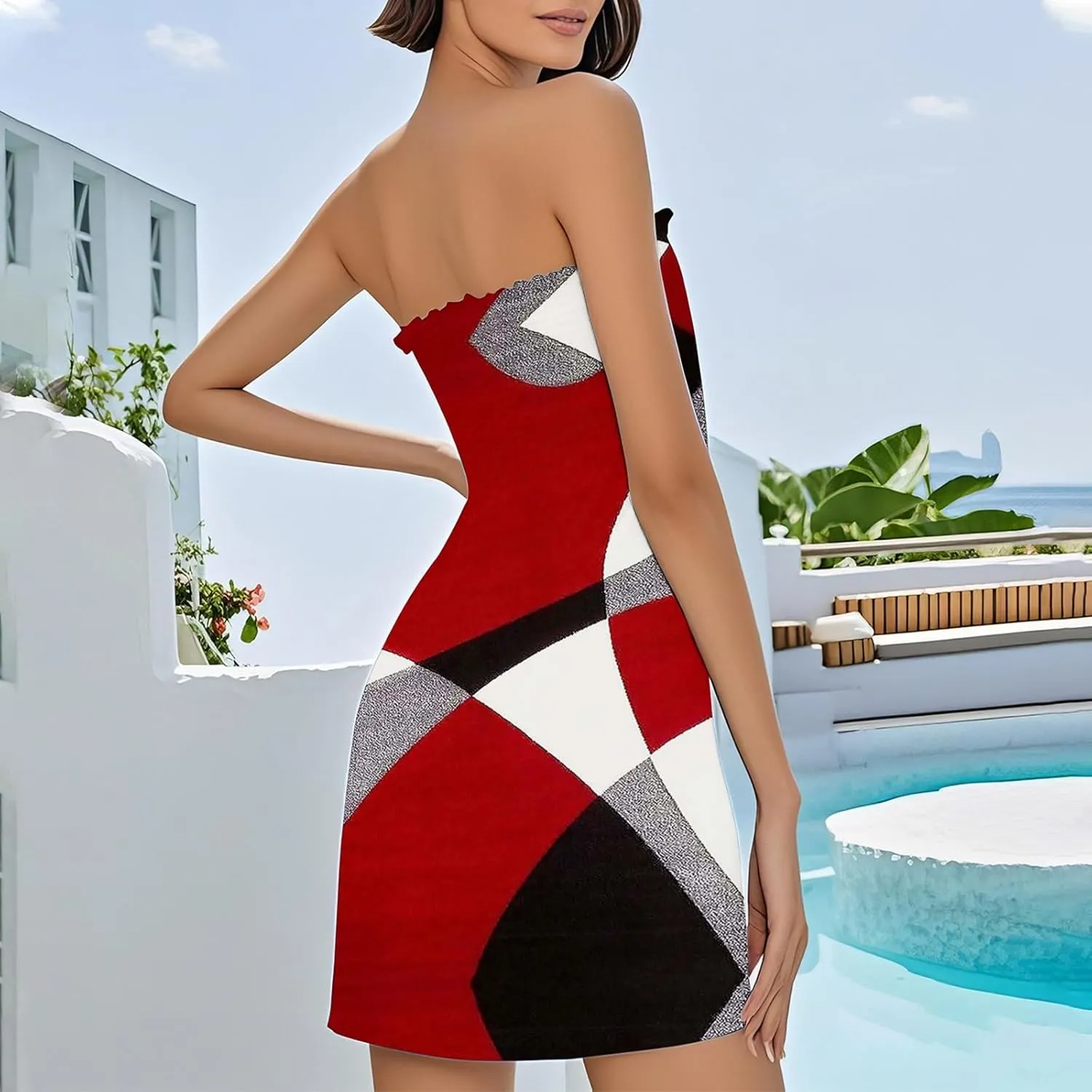 Beach Vacation Mini Dress for Women Sexy Strapless Tube Sundress Bohemian Floral Print Color Block A Line Dresses