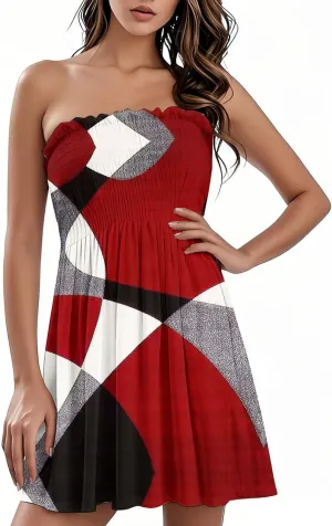 Beach Vacation Mini Dress for Women Sexy Strapless Tube Sundress Bohemian Floral Print Color Block A Line Dresses