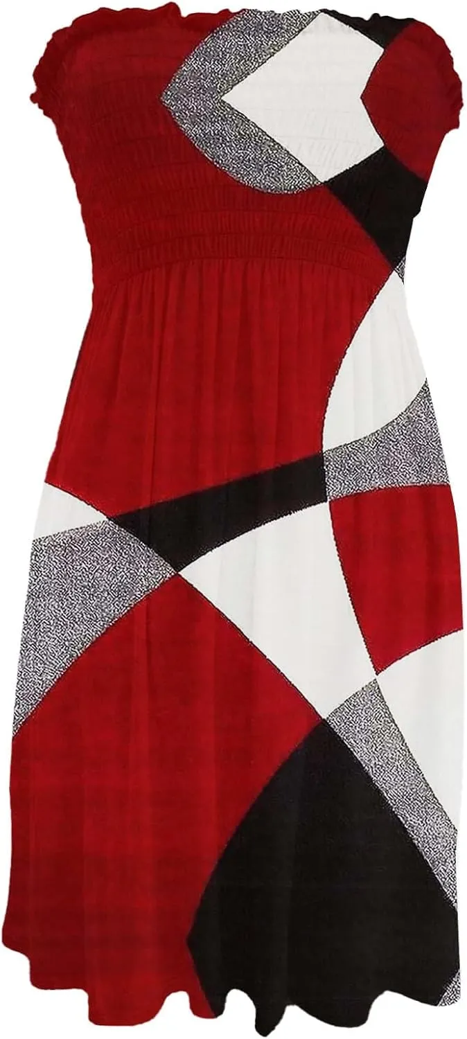Beach Vacation Mini Dress for Women Sexy Strapless Tube Sundress Bohemian Floral Print Color Block A Line Dresses