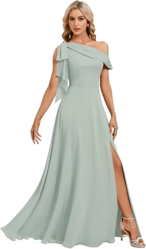 Bekvamlighet Bow One Shoulder Bridesmaid Dresses for Wedding Chiffon Long Formal Evening Gown with Slit Party Gown