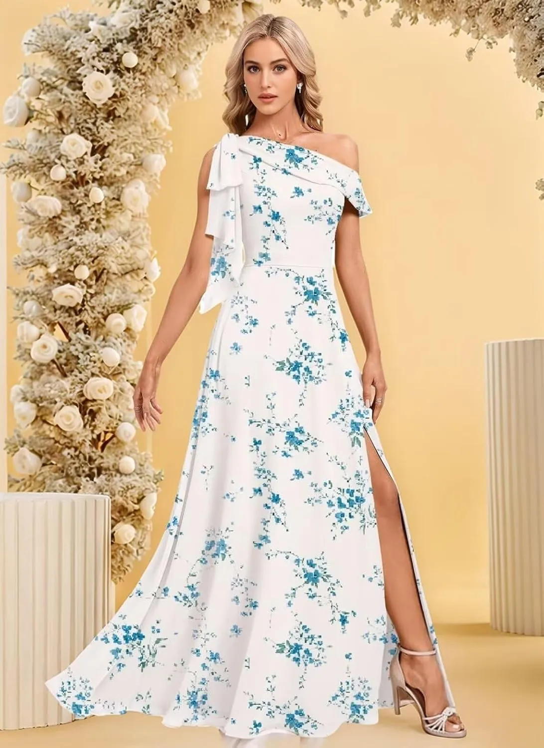 Bekvamlighet Bow One Shoulder Bridesmaid Dresses for Wedding Chiffon Long Formal Evening Gown with Slit Party Gown