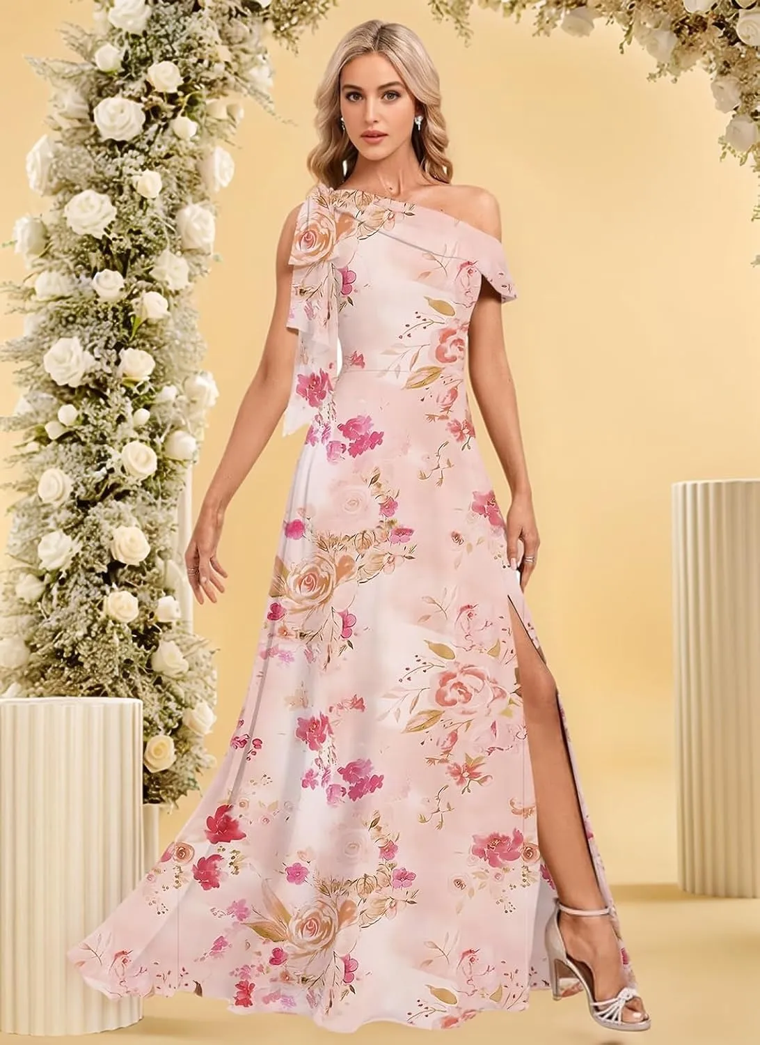 Bekvamlighet Bow One Shoulder Bridesmaid Dresses for Wedding Chiffon Long Formal Evening Gown with Slit Party Gown