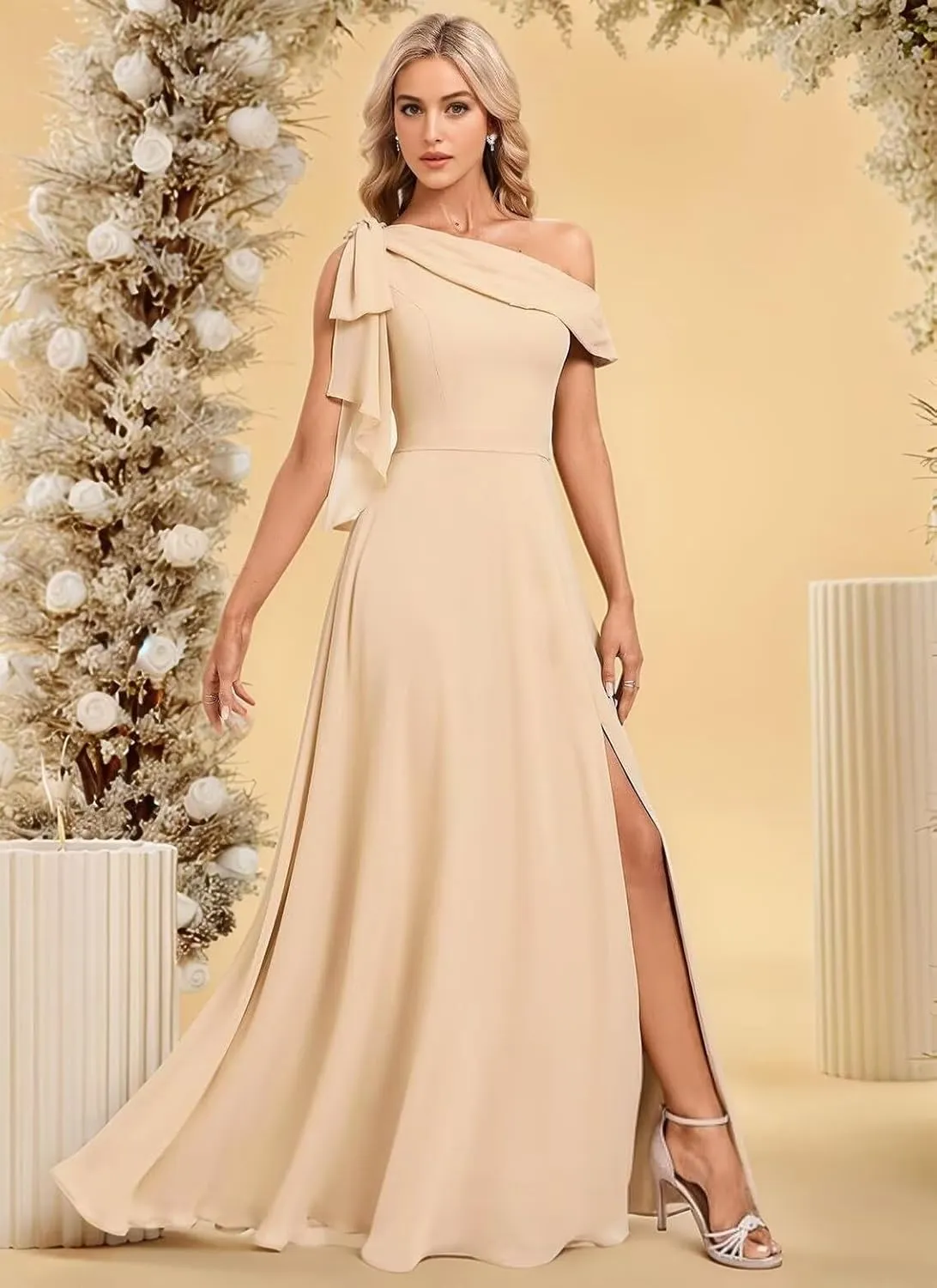 Bekvamlighet Bow One Shoulder Bridesmaid Dresses for Wedding Chiffon Long Formal Evening Gown with Slit Party Gown