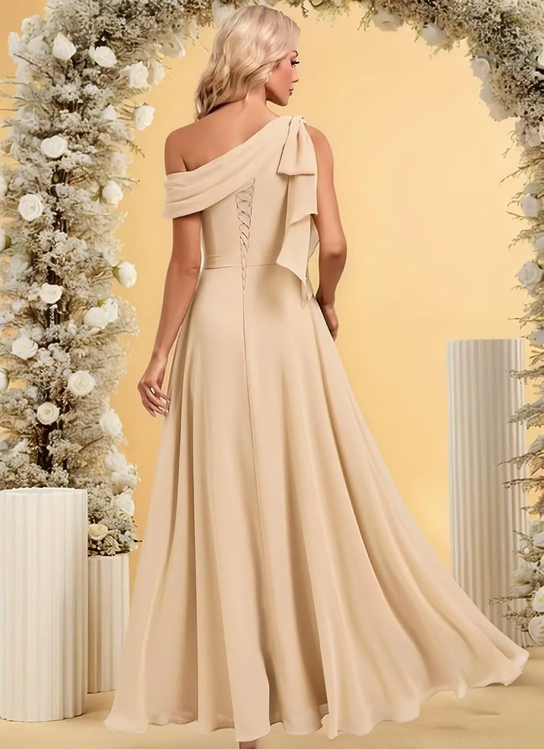 Bekvamlighet Bow One Shoulder Bridesmaid Dresses for Wedding Chiffon Long Formal Evening Gown with Slit Party Gown