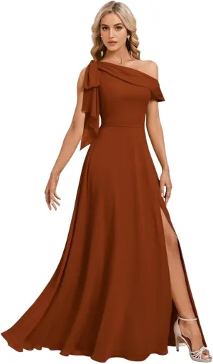 Bekvamlighet Bow One Shoulder Bridesmaid Dresses for Wedding Chiffon Long Formal Evening Gown with Slit Party Gown